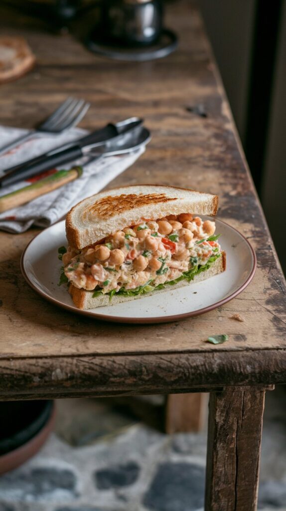 A vibrant close-up of a creamy chickpea salad sandwich with diced vegetables, showcasing the perfect texture and color of a healthy vegan sandwich