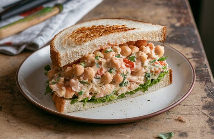 A vibrant close-up of a creamy chickpea salad sandwich with diced vegetables, showcasing the perfect texture and color of a healthy vegan sandwich