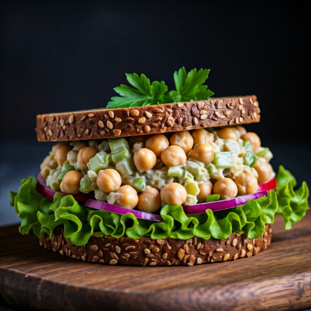 A beautifully presented vegan chickpea salad sandwich, filled with smashed chickpeas, celery, onions, and lettuce on whole grain bread. A perfect healthy lunch option.