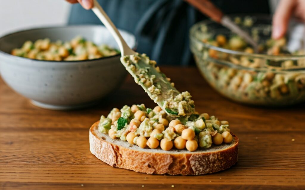 A person assembling a vegan chickpea salad sandwich, spreading the smashed chickpea mixture onto sourdough bread, highlighting the step-by-step process for an easy lunch recipe.