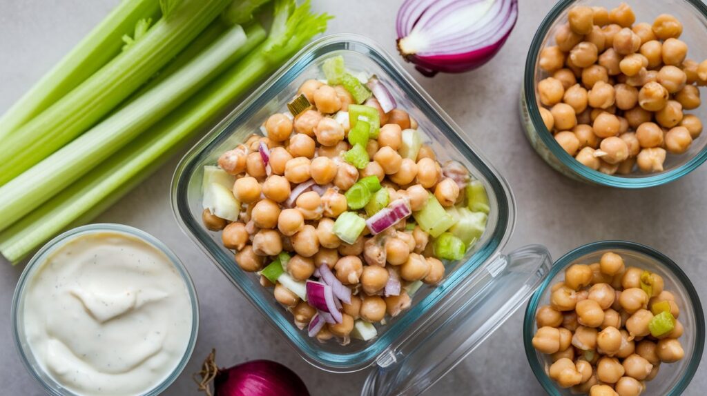 An overhead view of meal-prepped vegan chickpea salad stored in an airtight container, with fresh ingredients like chickpeas, celery, and onions, perfect for quick, healthy lunches.