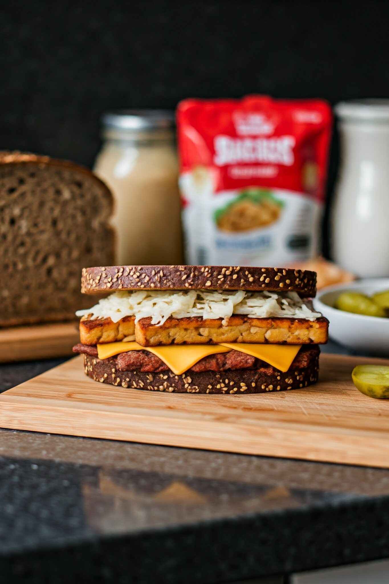 Perfectly Assembled Vegan Reuben Sandwich with Sweet Potato Fries