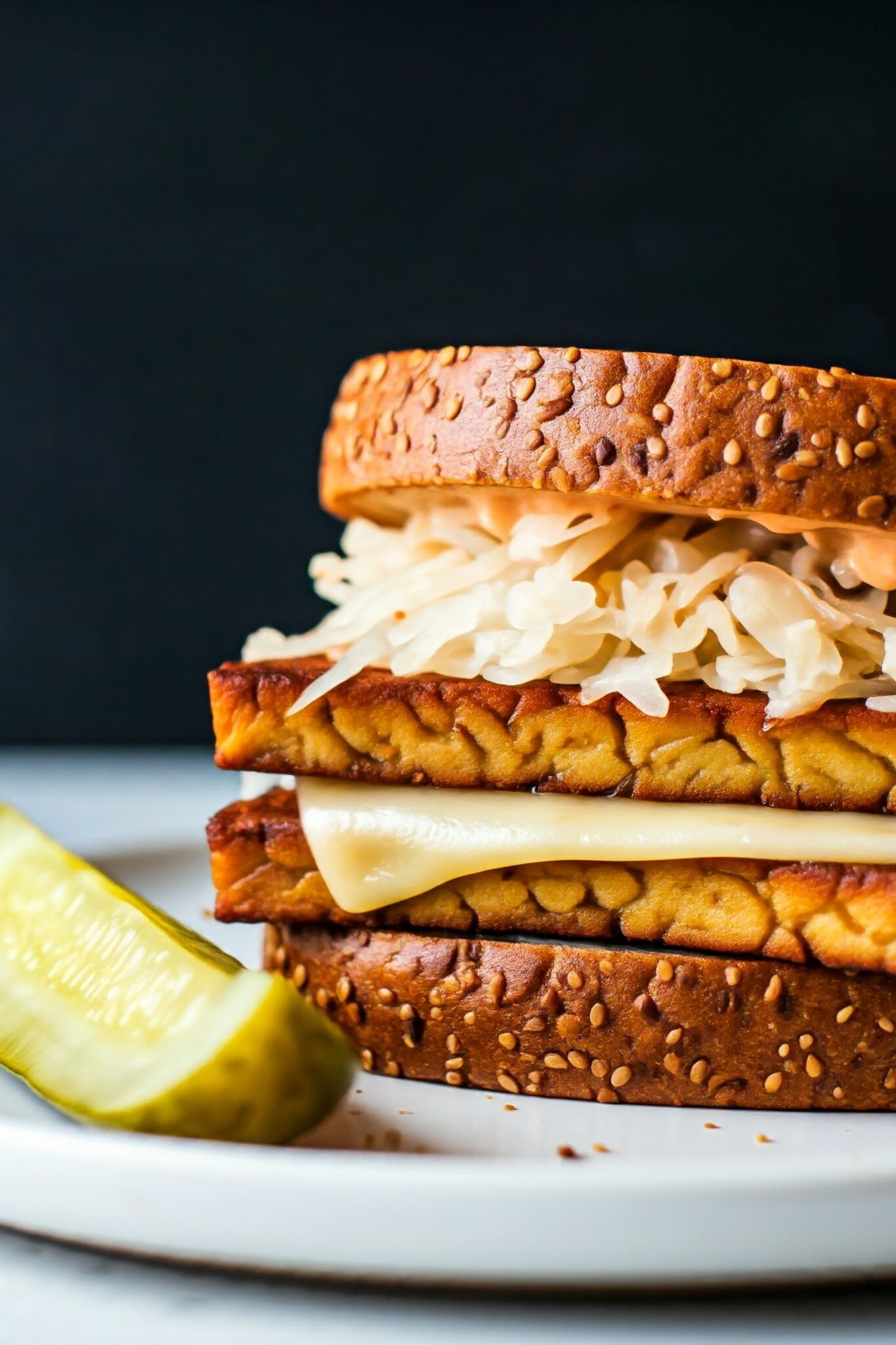 Close-Up of Vegan Reuben Sandwich on Skillet