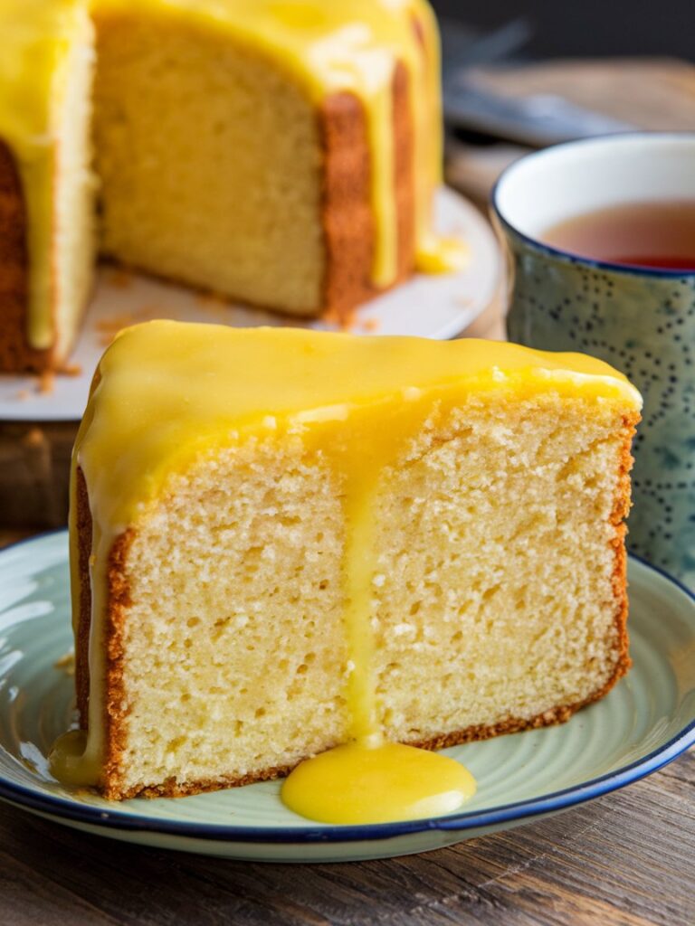 a slice of cake with lemon glaze on a plate