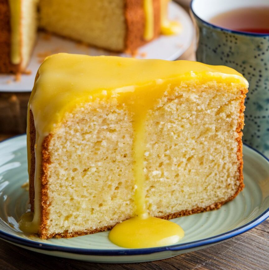 a slice of cake with lemon glaze on a plate