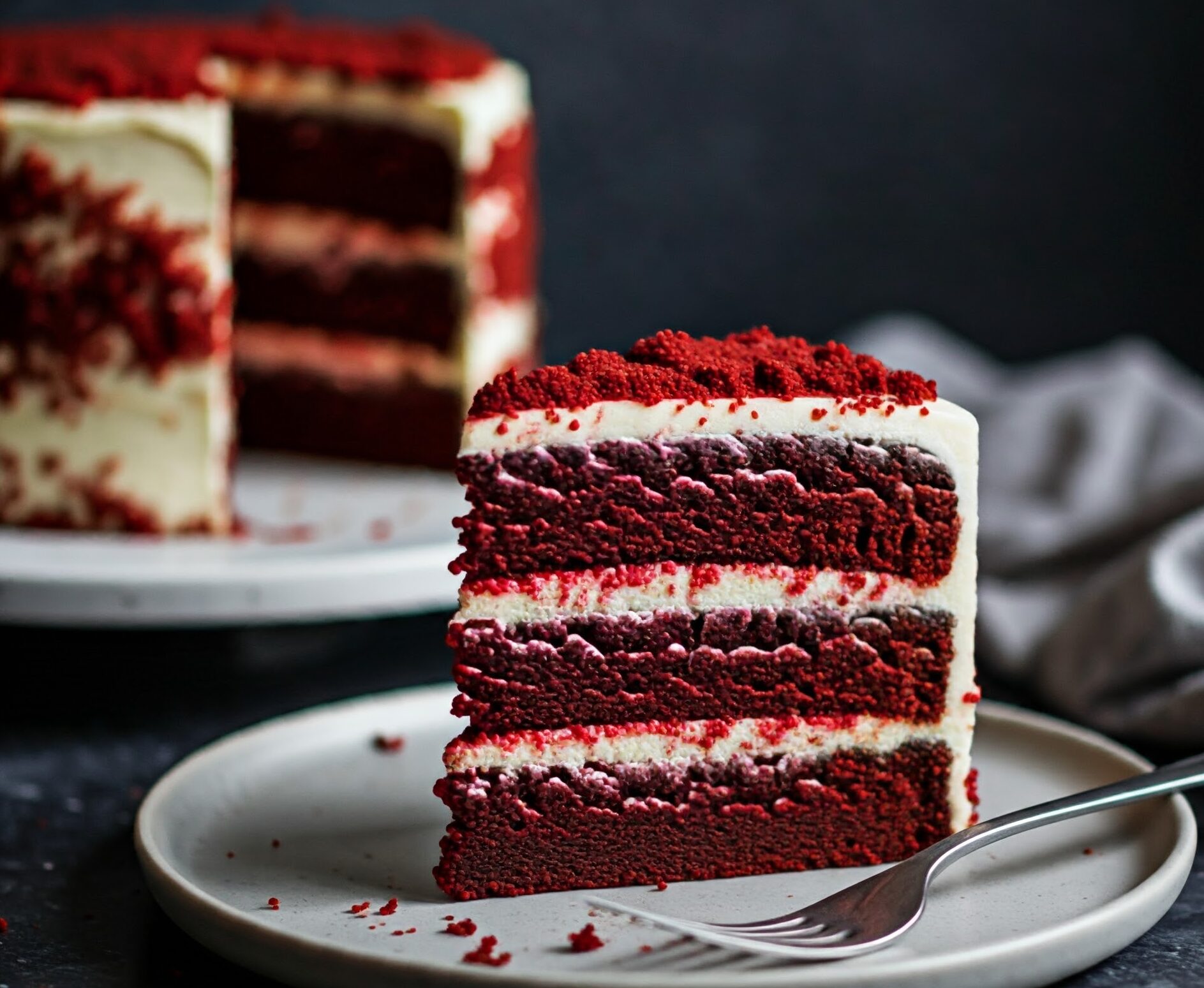 a slice of red velvet cake on a plate