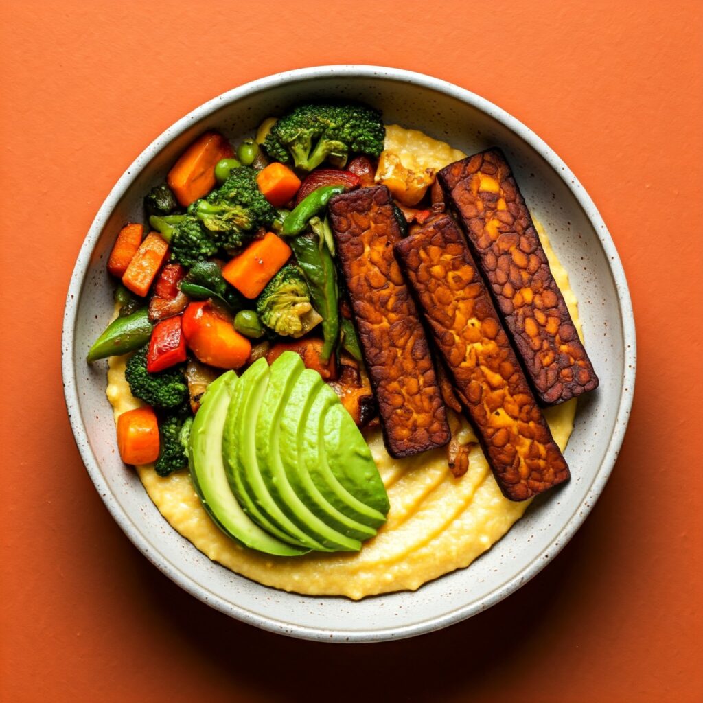 breakfast polenta bowl with smoky air fryer tempeh