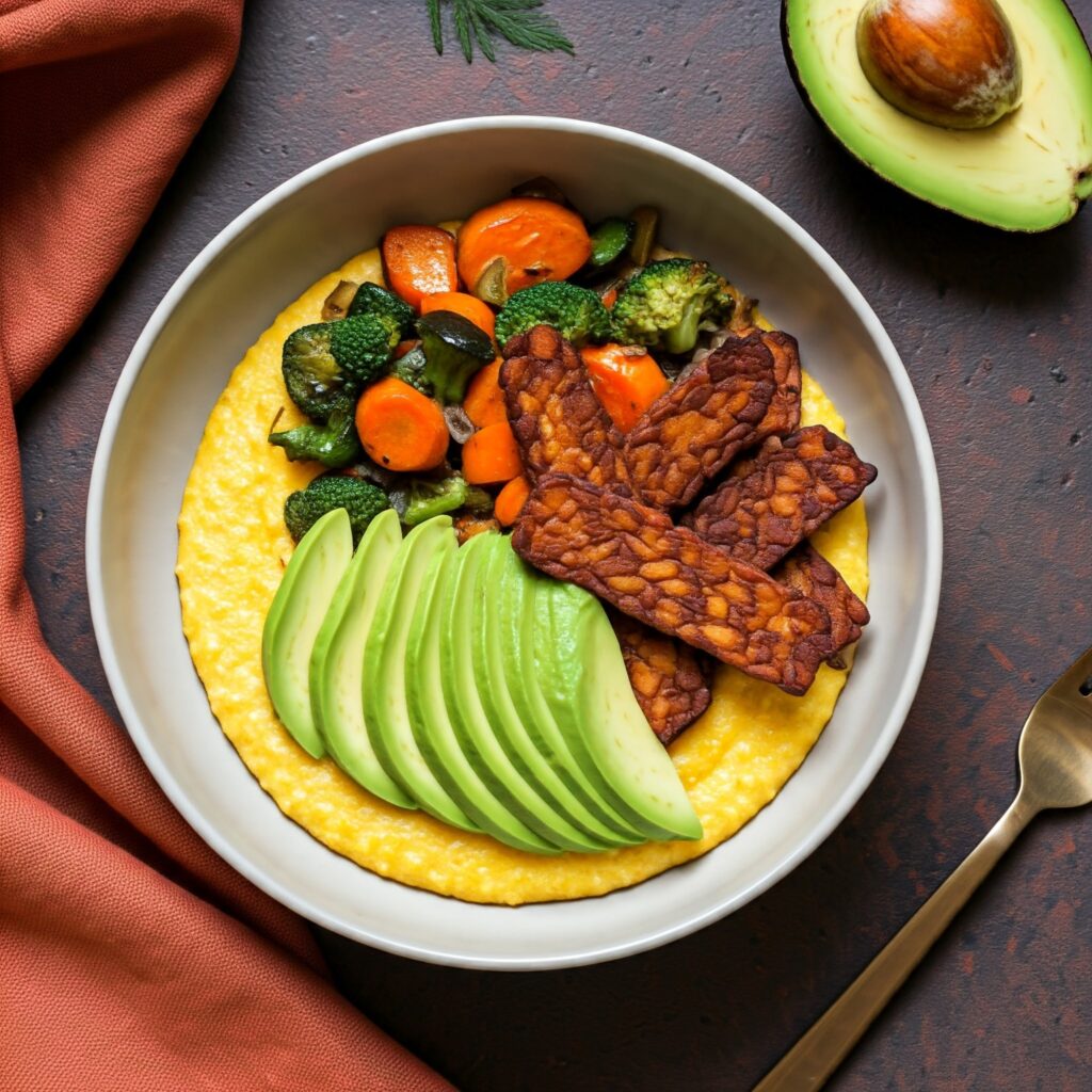 breakfast polenta bowl with smoky air fryer tempeh