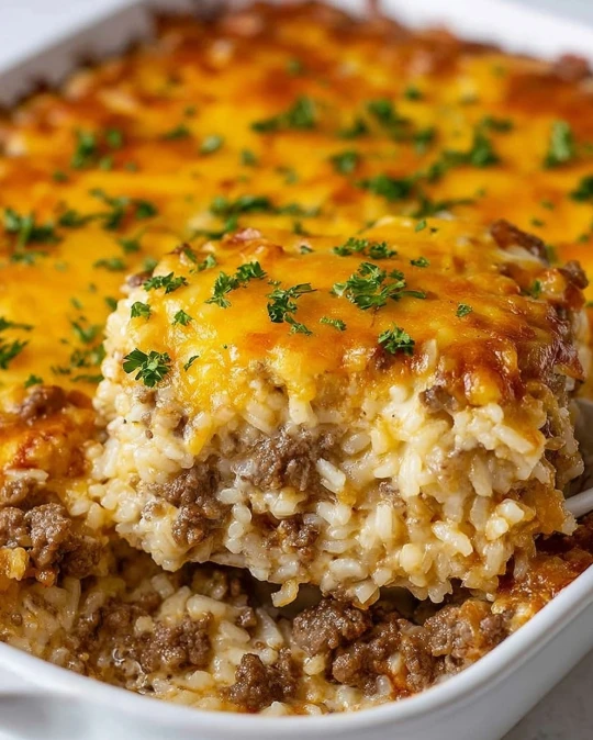 Cheesy ground beef rice casserole