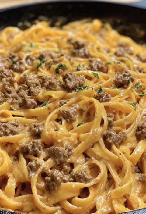 Easy One-pot Creamy Beef Pasta Recipe Garlic Butter Beef Pasta Skillet One-pot Garlic Beef Pasta Quick Dinner Creamy Garli...
