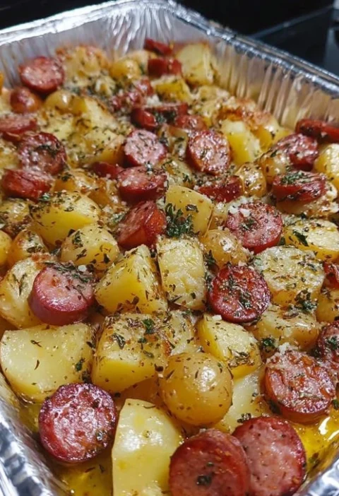 One-tray Smoked Sausage Potato Bake Recipe Easy Sausage Potato Tray Bake Weeknight Smoked Sausage Dinner Ideas Quick Smoke...