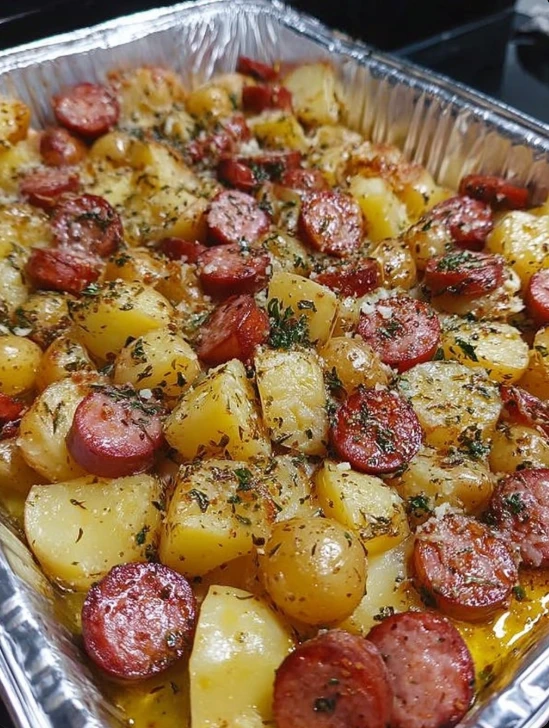 One-tray Smoked Sausage Potato Bake Recipe Easy Sausage Potato Tray Bake Weeknight Smoked Sausage Dinner Ideas Quick Smoke...