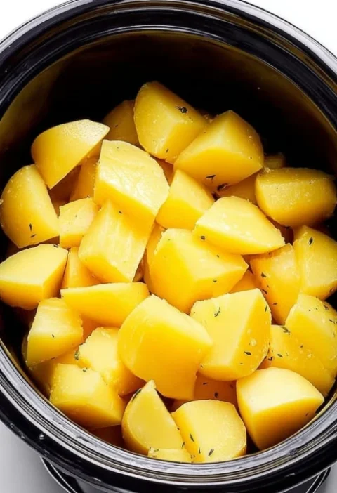 Slow Cooker Garlic Parmesan Potatoes Recipe Easy 4-ingredient Slow Cooker Potatoes Garlic Parmesan Slow Cooker Side Dish B...