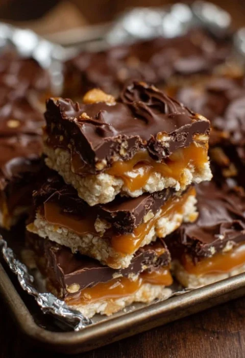 Easy 3-ingredient Toffee Bars Recipe Foil-lined Tray Toffee Bars Quick Christmas Dessert Ideas Simple 3-ingredient Toffee ...