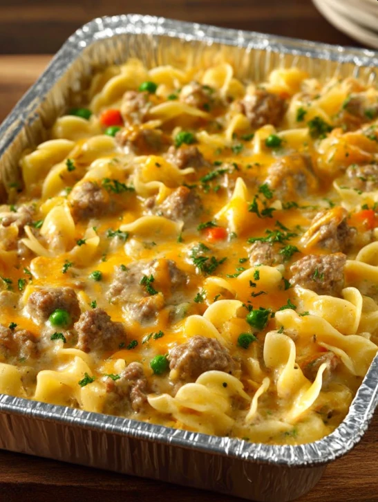 4-Ingredient Creamy Beef Noodle Bake (Tin Foil Tray)