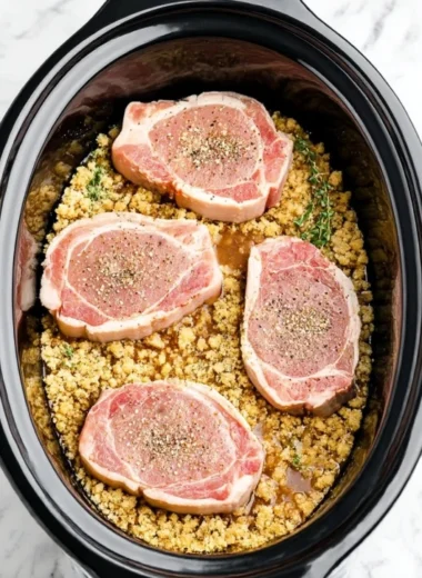 4ingredient Slow Cooker Pork Stuffingbed Chops