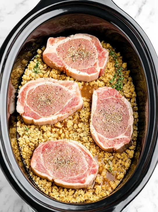 4-Ingredient Slow Cooker Pork Stuffing-Bed Chops