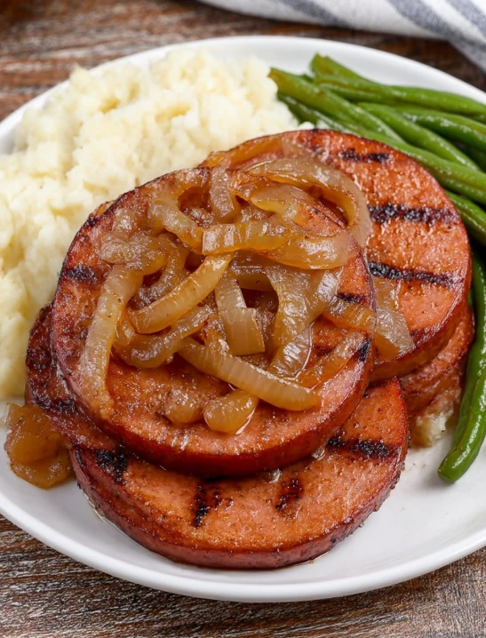 Simple Fried Bologna with Onions on a Plate