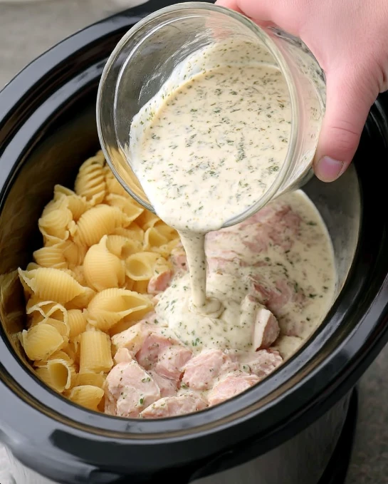 Slow Cooker Creamy Garlic Parmesan Chicken Shells